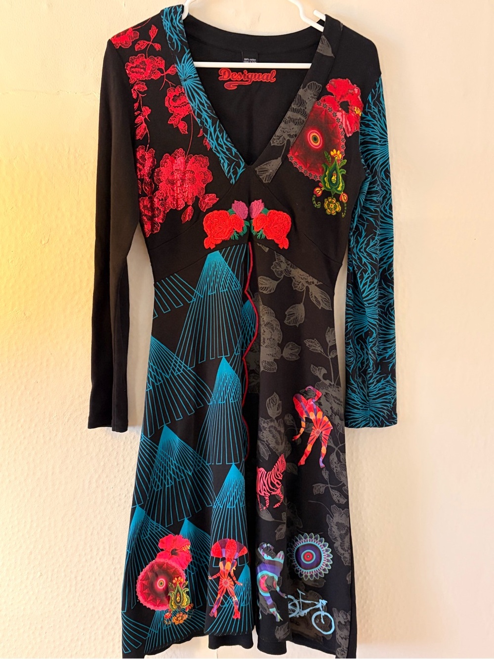 New Desigual Black Floral & Teal Patterned V-Neck Dress